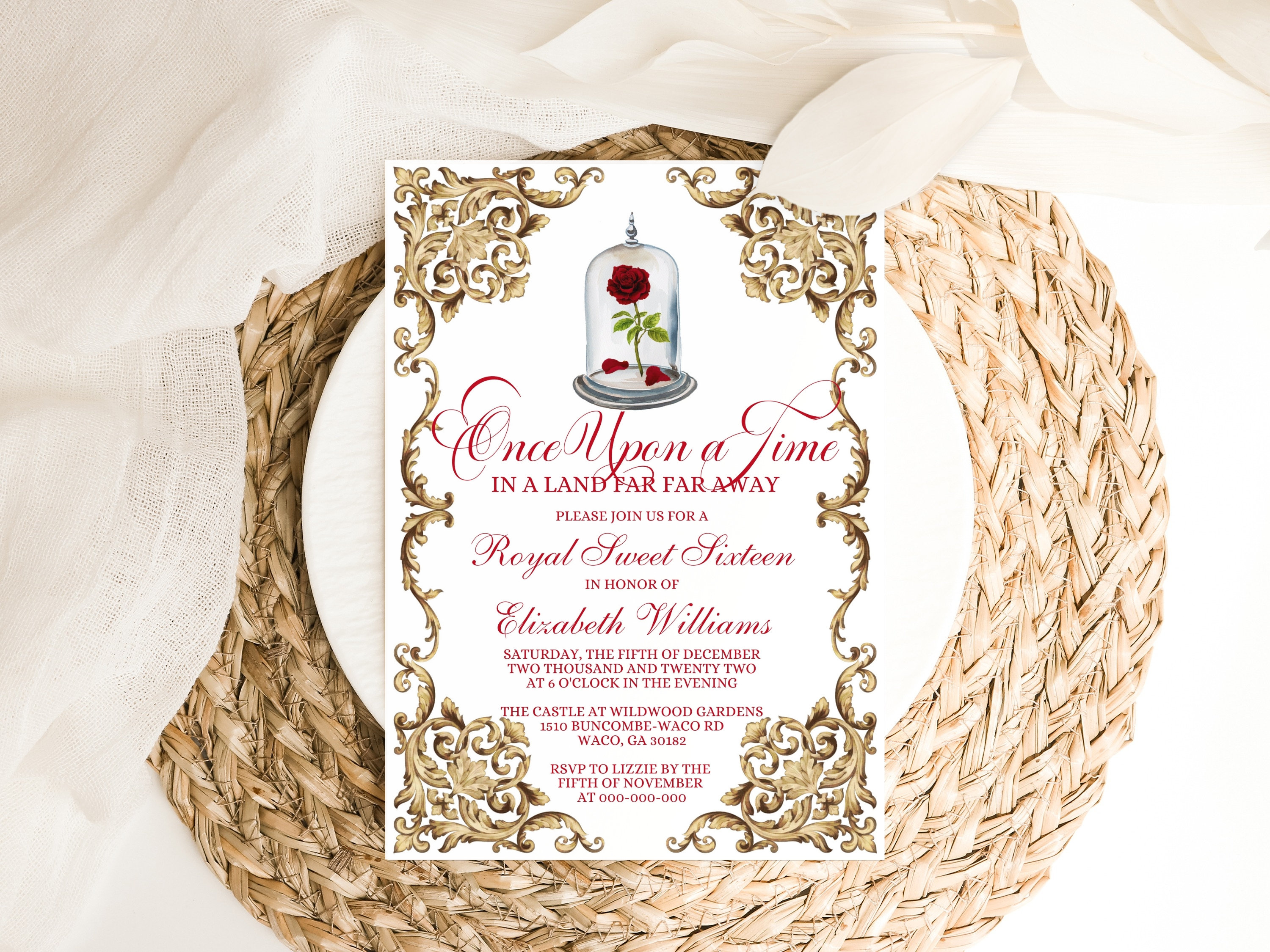 Beauty and the Beast Sweet Sixteen Invitation Template Royal Fairytale Enchanted Watercolor Rose Sweet 16 Invite