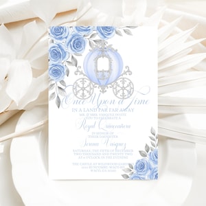 Invito stampabile per Quinceanera, modello per invito Royal Quince, rosa acquerello, carrozza reale da favola, Canva