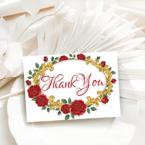 Tarjeta de agradecimiento de La Bella y la Bestia (imprimible, editable), rosa encantada, nota de agradecimiento floral, cuento de hadas, victoriano, adornado, Canva