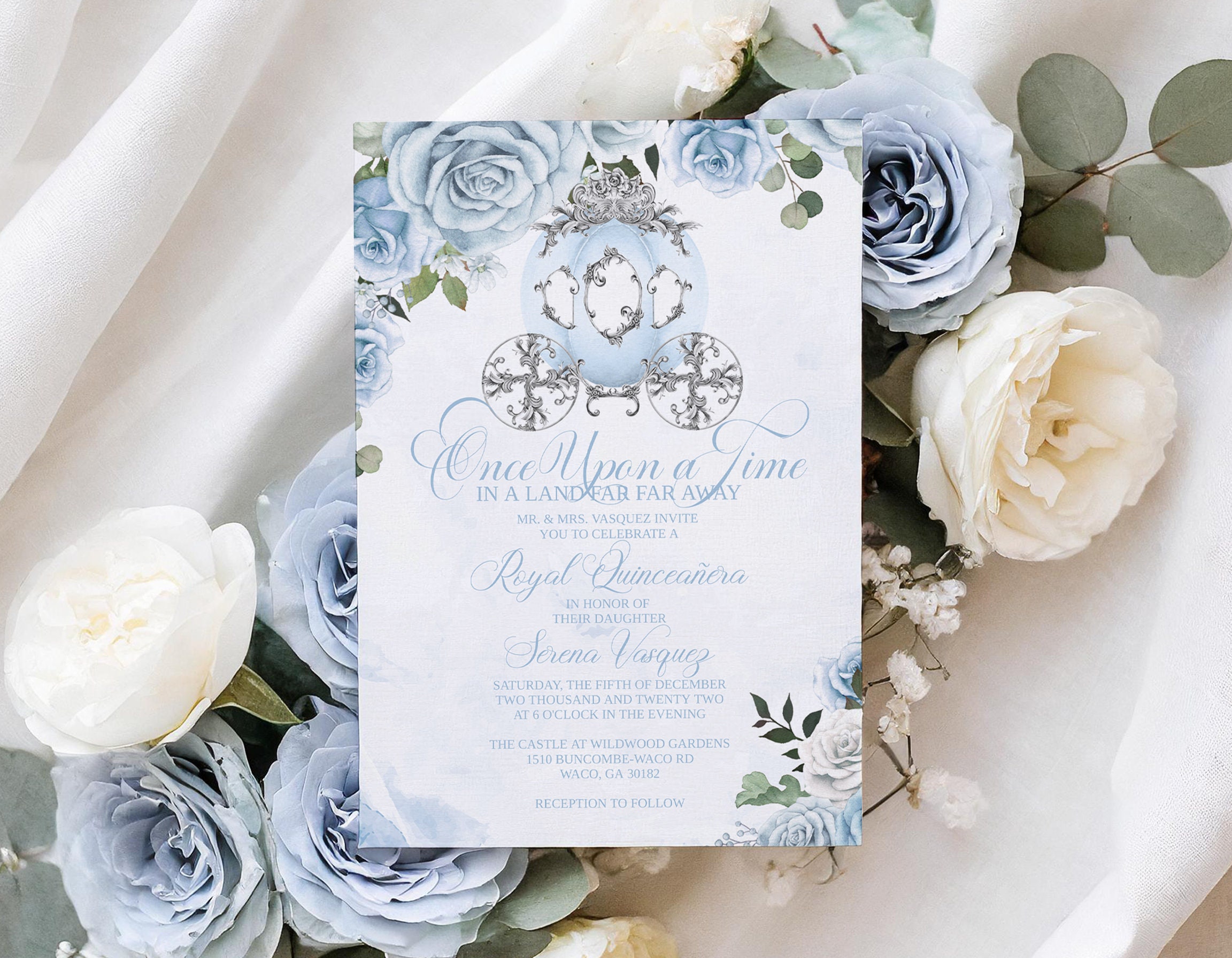Cinderella Quinceanera Invitation Printable Royal Quince Invite Watercolor Rose Royal Fairytale Carriage