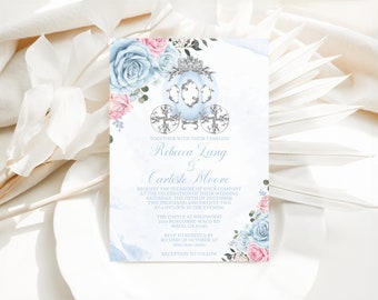 Cinderella Wedding Invitation Printable, Editable Template, Carriage Invite, Royal Fairytale, Watercolor Rose