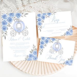 Modèle de suite de faire-part de mariage, transport aquarelle, carte de remerciement, carte RSVP, conte de fées royal, toile