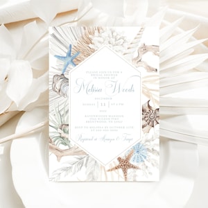 Beach Bridal Shower Invitation Template, Boho Invite, Under the Sea, Summer, Watercolor Seashells, Ocean Themed Printable