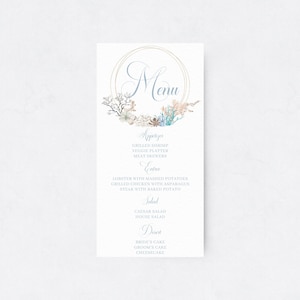 Modèle de menu de plage, menu de mariage imprimable, bohème, sous la mer, été, aquarelles de coquillages, océan