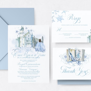Quinceanera Cinderella Invitation Suite Template, Thank You Card, RSVP Card, Royal Quince