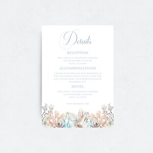 Plantilla de tarjeta con detalles de boda en la playa, invitación bohemia, bajo el mar, verano, conchas marinas de acuarela, imprimible con temática oceánica