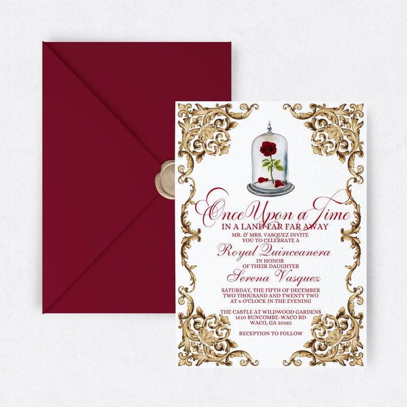 Beauty and the Beast Quinceanera Invitation Template Royal Fairytale Enchanted Watercolor Rose Quince Invite