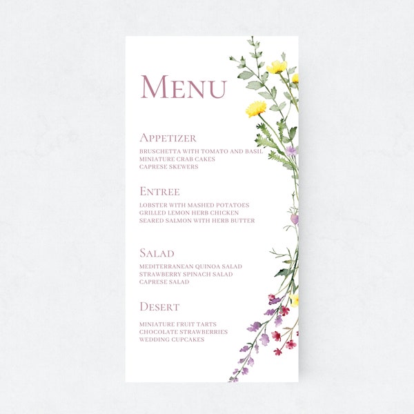 Wildflower Menu Template, Wedding Menu Printable, Floral, Summer, Watercolor, DIY, Garden Party Printable, Spring, Minimalist