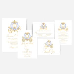 Cinderella Wedding Invitation Suite Template, Thank You Card, RSVP Card, Royal Fairytale, Watercolor Princess Carriage, Victorian Regency