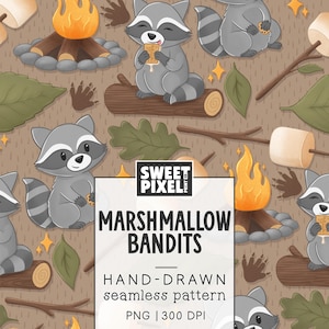 May include: A seamless pattern featuring cartoon raccoons, campfires, marshmallows on sticks, and oak leaves on a brown background. The central text reads SWEET PIXEL MARSHMALLOW BANDITS HAND-DRAWN seamless pattern PNG | 300 DPI.