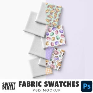 May include: A digital mockup of fabric swatches featuring three distinct patterns: a light green background with orange citrus slices and flowers, a white background with colourful macarons, and a white background with tea cups and tea bags.