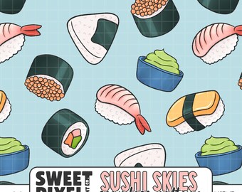 Sushi Skies | Japanese Food Seamless Pattern | Hand-Drawn Sushi Roll Tamago Ebi Onigiri | Digital Paper, Fabric Printing, Sublimation