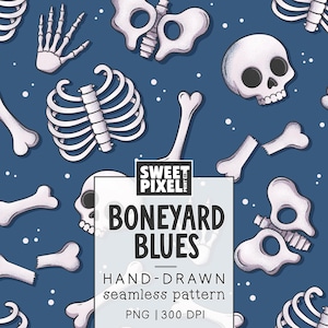 Peut inclure: Un motif répétitif composé d'éléments squelettiques blancs dessinés à la main, incluant des crânes, des cages thoraciques, des mains et divers os sur un fond bleu foncé parsemé de petits points blancs. Texte : SWEET PIXEL, BONEYARD BLUES, HAND-DRAWN seamless pattern, PNG | 300 DPI.