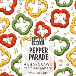 Könnte beinhalten: Ein nahtloses Muster mit handgezeichneten roten, gelben und grünen Paprikascheiben und verstreuten Samen auf weißem Hintergrund. Der zentrale Text lautet SWEET PIXEL PRINT CO. PEPPER PARADE HAND-DRAWN seamless pattern PNG | 300 DPI.