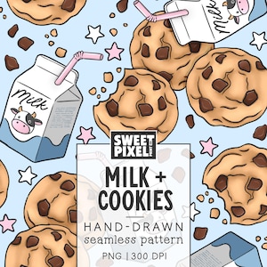 Könnte beinhalten: Ein nahtloses Muster mit illustrierten Schokoladenkeksen, Milchkartons mit rosa Strohhalmen und kleinen Sternen auf hellblauem Grund. Der zentrale Text lautet SWEET PIXEL MILK + COOKIES HAND-DRAWN seamless pattern PNG | 300 DPI.