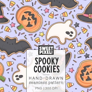 May include: A seamless pattern on a light purple background featuring orange jack-o'-lanterns, white ghosts, black bats, and witch hats, interspersed with candy corn, stars, and sprinkles. Text reads: SWEET PIXEL SPOOKY COOKIES HAND-DRAWN seamless pattern PNG | 300 DPI.