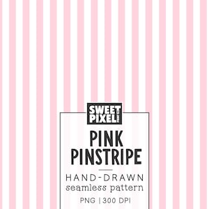 May include: A seamless pattern featuring vertical light pink and white stripes. A central white rectangular label contains the black text: SWEET PIXEL CO. PINK PINSTRIPE HAND-DRAWN seamless pattern PNG | 300 DPI. The design is clean and uniform.