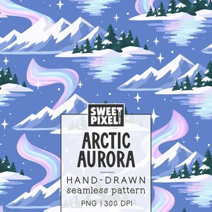 Arctic Aurora | Northern Lights Winter Seamless Pattern | Hand-Drawn Snowy Mountains Pine Forest Repeat | Digital Paper, Fabric, Sublimation