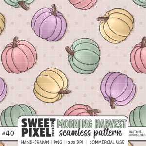Puede incluir: Un patrón digital continuo con calabazas dibujadas a mano en tonos pastel de rosa, amarillo, morado y verde sobre un fondo beige claro con una cuadrícula blanca y puntos. Texto: SWEET PIXEL CO. MORNING HARVEST seamless pattern #40.