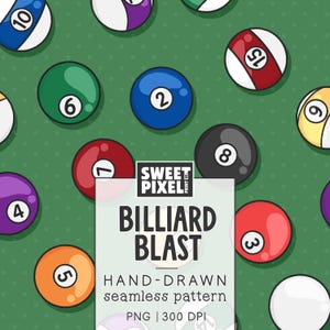 May include: A seamless pattern featuring colorful billiard balls with numbers on a green dotted background. The central text reads SWEET PIXEL BILLIARD BLAST HAND-DRAWN seamless pattern PNG | 300 DPI. The balls are red, blue, orange, purple, and black.