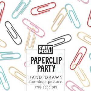 Puede incluir: Un patrón continuo de clips dibujados a mano en rojo, azul, amarillo, rosa y negro sobre fondo blanco. El texto central dice SWEET PIXEL PAPERCLIP PARTY HAND-DRAWN seamless pattern PNG | 300 DPI dentro de un marco rectangular negro.