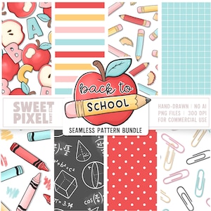 Op de afbeelding: Een digitaal naadloos patroonpakket met illustraties in schoolthema, waaronder rode appels, alfabetletters, kleurpotloden, krijtjes, paperclips, geometrische vormen en wiskundige formules op diverse achtergronden met de tekst back to school.