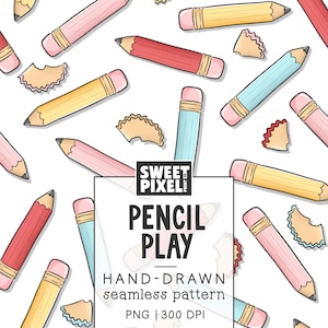 May include: A seamless pattern featuring hand-drawn pencils in shades of pink, yellow, red, and light blue, interspersed with pencil shavings. A central white box contains the text: SWEET PIXEL PENCIL PLAY HAND-DRAWN seamless pattern PNG 300 DPI.
