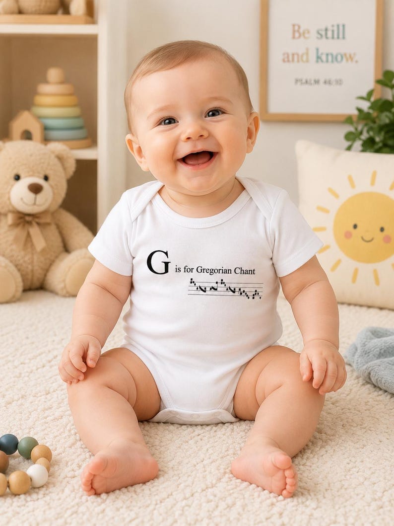 Gregorian Chant Baby Bodysuit: Organic Cotton Catholic Gift image 1