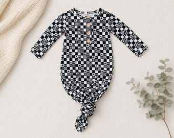 AMDG Bamboo Knotted Gown | Catholic Newborn Gown | Baby Coming Home Outfit | Bamboo Knot Sleeper | Catholic Baby Gift