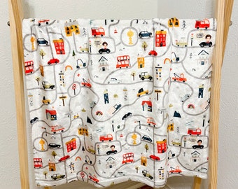 City Roads Minky Blanket: Cozy Car & Building Print
