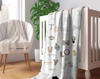 Katolicki kocyk dla niemowląt z alfabetem | Wiarygodny kocyk dla niemowląt Minky | Katolicki kocyk do pokoju dziecięcego | Prezent na chrzest | Prezent na baby shower