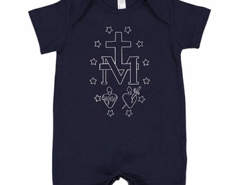 Catholic romper, Baby romper, Marian romper, Catholic apparel, kids apparel, Miraculous Medal, Catholic, Baby outfit, Baptism gift