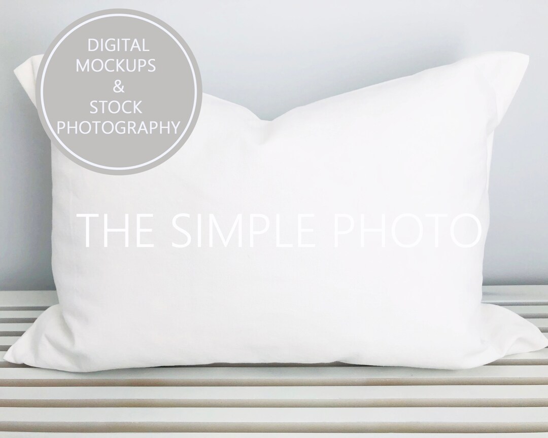 Blank White Rectangular Throw Pillow Mockup, Pillow on Bench Photo Mock