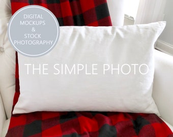 Blank Rectangular Pillow with Red Buffalo Check Mockup, Family Room Photo, Pillow Mockup, Blank White Pillow,Pillow Stock Photo,Christmas