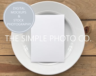 Blank Invitation Mockup,Blank Menu Card, Menu Card Mockup, White Menu on Plate, Photo of Menu Card, Digital Menu Mockup, Rustic Dinner Plate