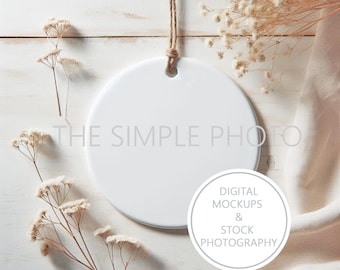 Minimalist Neutral Farmhouse Simple Round Ceramic Christmas Ornament Mockup Minimal Ornament Mockup Blank Simple Sublimation Ornament Mockup