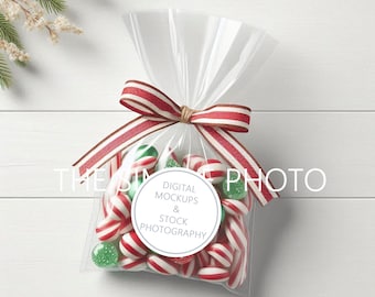Farmhouse Christmas Label Mockup Round Square Christmas Gift Bag Tag Mockup Party Favor Mockup Sticker Mockup Christmas Candy Treat Bag