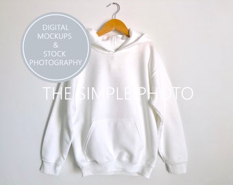 Maqueta de la sudadera con capucha blanca para niños, maqueta de sudadera con capucha para niños, maqueta de sudadera para niños Gildan, maqueta de sudadera de sudadera blanca en blanco, maqueta