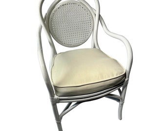 1950s Neutral White Bent Bamboo + Rattan Accent Chair Reupholstered in Beige Mohair