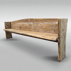 May include: A rustic wooden bench with a weathered appearance. The bench features a backrest and a seat made from rough-hewn planks. The legs are thick and sturdy, providing support. The natural wood tones and visible grain add to its charm.