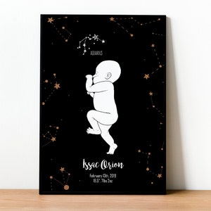 May include: Black and white illustration of a baby with the constellation Aquarius in the background. The text reads "Issac Orion, February 12th, 2019, 19.5" 7lbs 2oz".