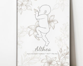 Birth Poster in Scale 1:1, Personalized Baby Poster, Baby illustration, Newborn Art Print. Gift for mom, Date of birth digital download