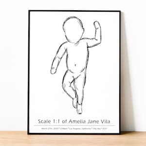 DAS GEBURTSPOSTER im Maßstab 1:1, Baby Skizze, BabyPoster, Baby Geburt Wandkunst, Personalisiertes BabyPoster, Muttertagsgeschenk, Kohle