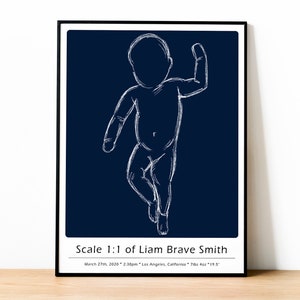 DAS GEBURTSPOSTER im Maßstab 1:1, Baby Skizze, BabyPoster, Baby Geburt Wandkunst, Personalisiertes BabyPoster, Muttertagsgeschenk, Kohle