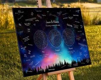 May include: A black canvas with a starry night sky design, featuring three constellations representing "Met", "Engaged", and "Married". The canvas is on an easel in a grassy field with white flowers in the foreground. The text "Jason & Allisone Our story is written in the stars" is at the top of the canvas.