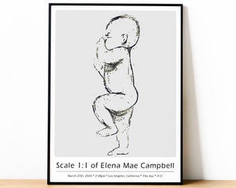 The BIRTH POSTER in Scale 1:1 Gift for new mother, Custom baby sketch, Newborn line art print, Personalized Baby birth stats watercolor
