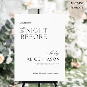 The Night Before Welcome Sign Template, Rehearsal Dinner Welcome Sign, Welcome to the Night Before, Modern sign, Printable Instant Download
