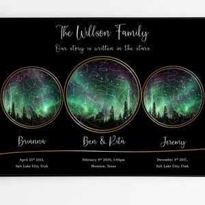 Cadeau personnalisé de carte des étoiles de la famille pour les parents, idée de cadeau d'anniversaire personnalisée pour la fête des pères pour maman papa, cadeau d'anniversaire, 3 étoiles de localisation