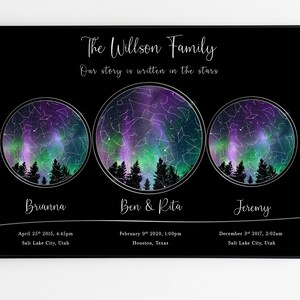 Impresión personalizada del mapa estelar familiar, mapa de estrellas de 3 ubicaciones, Regalo personalizado del día del padre de las madres, Idea de regalo de cumpleaños para mamá papá, Regalo de aniversario