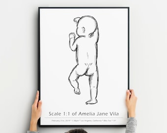 DE GEBOORTE POSTER in schaal 1: 1, baby schets, aangepaste pasgeboren print, baby geboorte wall art, gepersonaliseerde baby poster, moederdag cadeau, houtskool